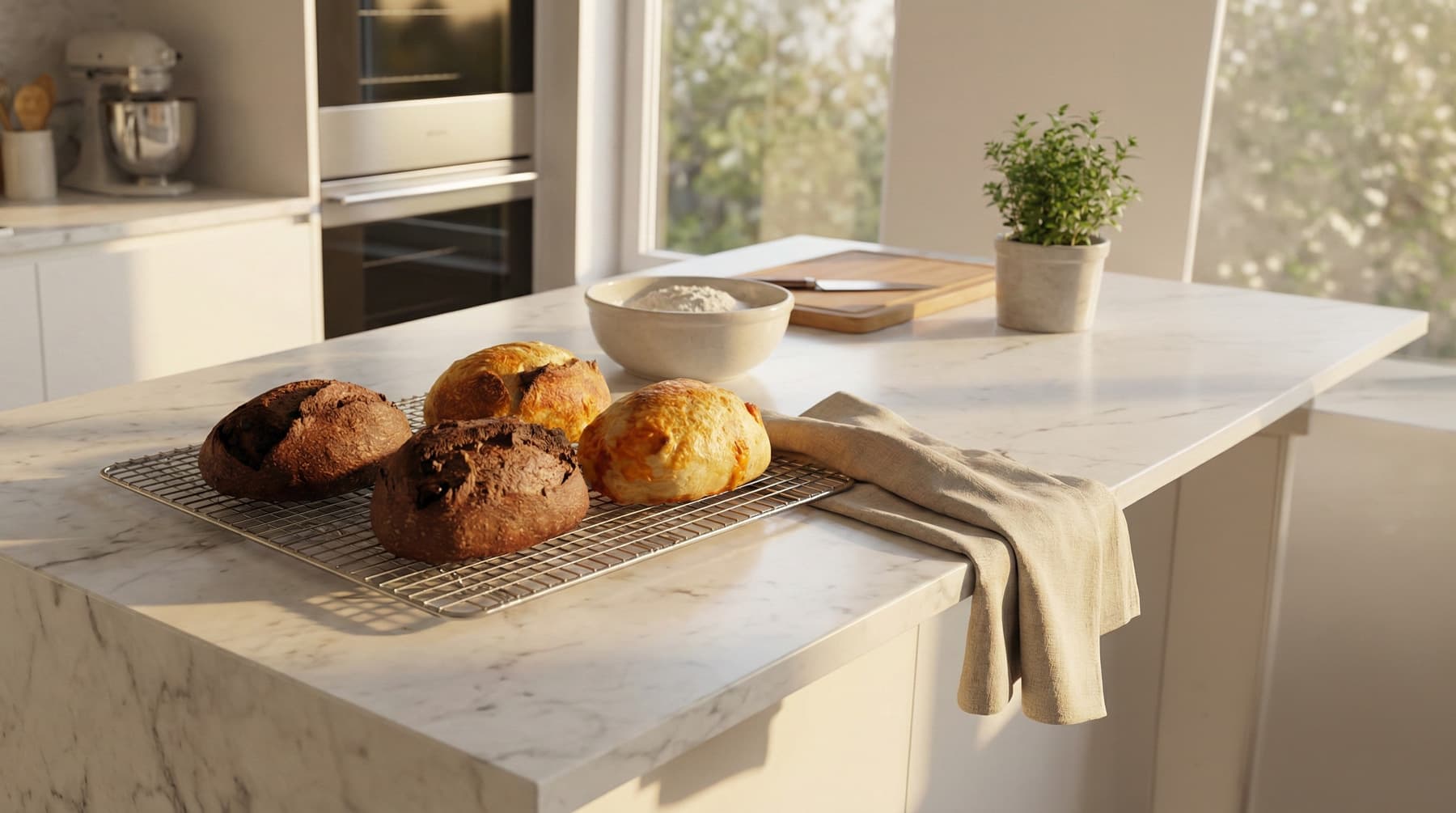 A set of loaves cooling in soft kitchen light