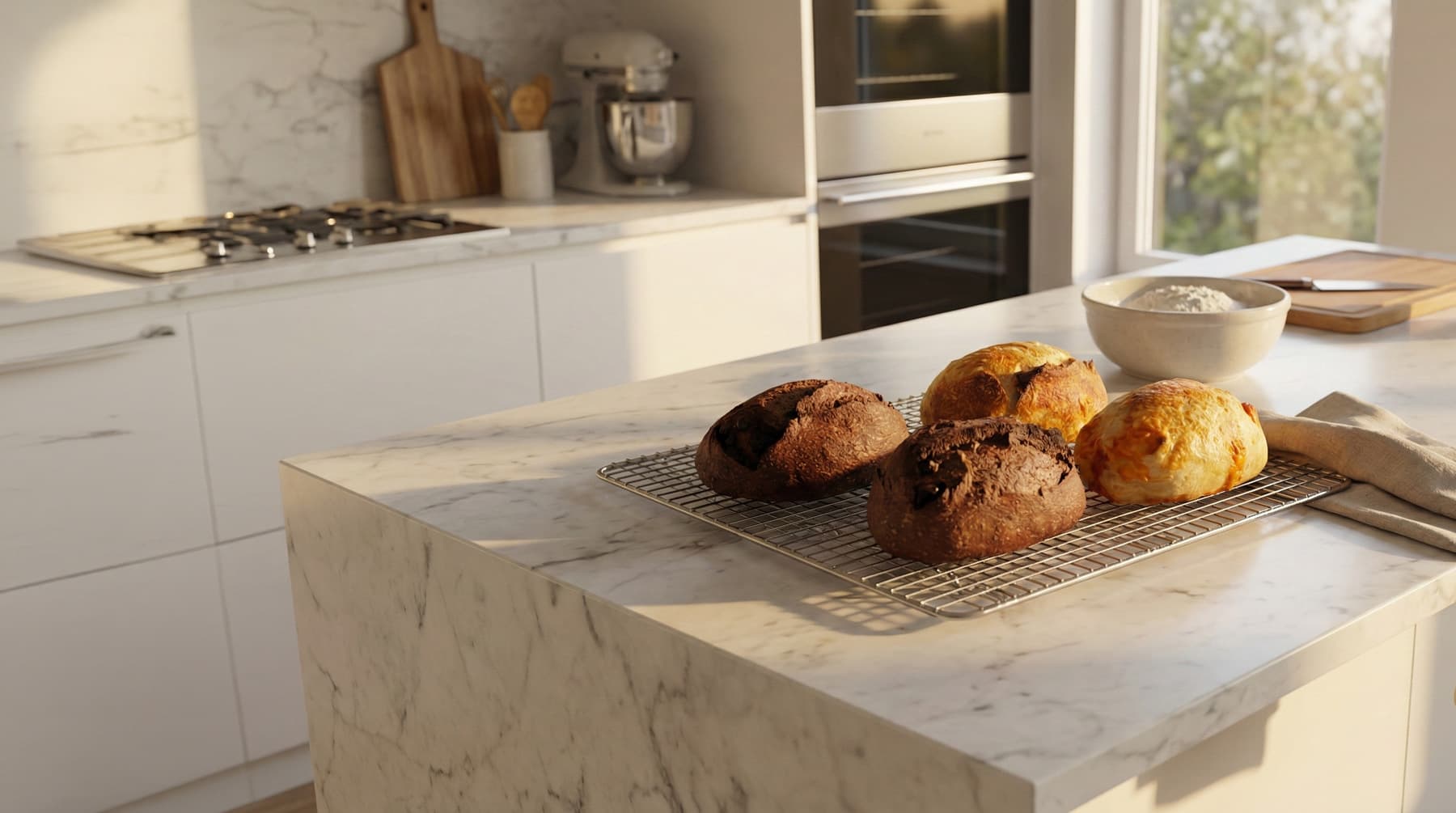 A trio of sourdough loaves on a marble kitchen island